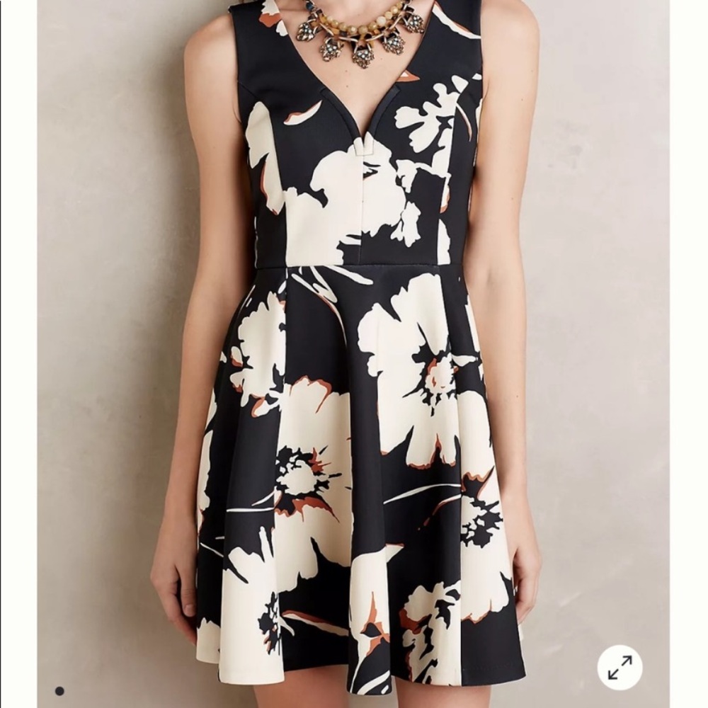 Maeve Black Floral Fit-and-Flare Midi Dress with Cream Blooms